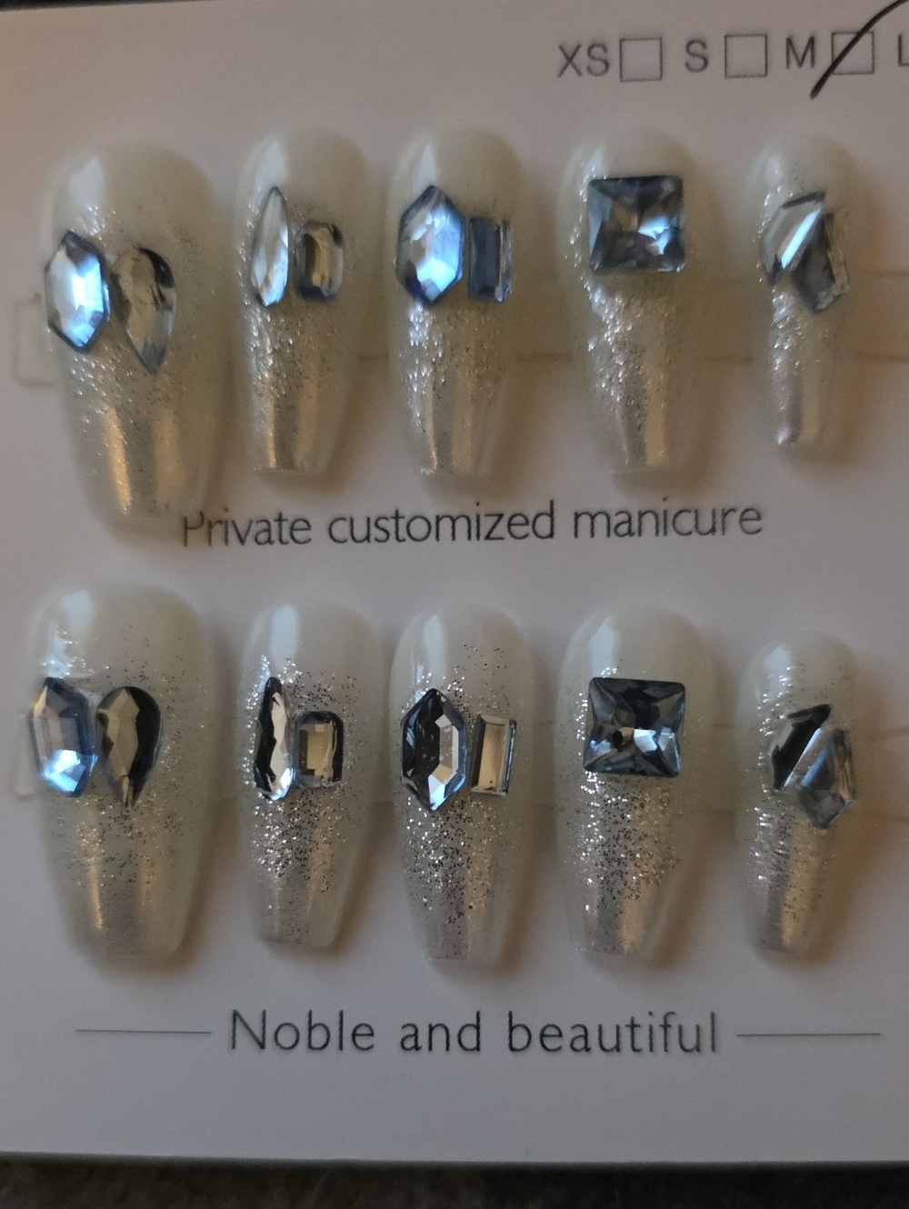 Crystal Accent Silver and White Press-On Nails Size Med